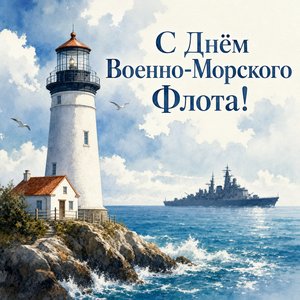 Открытка на День Военно-Морского Флота с маяком и кораблём