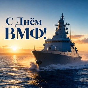 Открытка на День Военно-Морского Флота с военным кораблём на рассвете