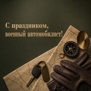 Открытка на День военного автомобилиста с картой и компасом