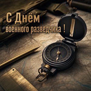 Открытка на День военного разведчика с компасом и топографической картой