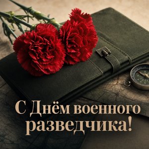 Открытка на День военного разведчика с красными гвоздиками и полевым планшетом