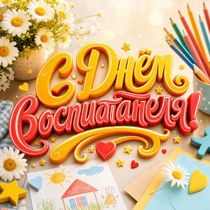 Открытка День воспитателя с ромашками и детскими рисунками