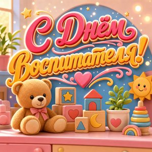 Открытка День воспитателя с плюшевым мишкой и кубиками