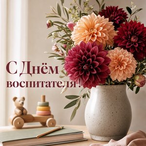 Открытка на День воспитателя с букетом георгинов