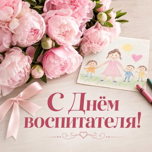 Открытка на День воспитателя с букетом пионов и детским рисунком