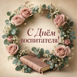 Открытка на День воспитателя с цветочным венком и книгой