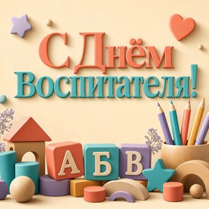 Открытка на День воспитателя с кубиками и карандашами
