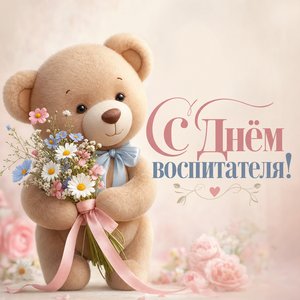 Открытка на День воспитателя с плюшевым мишкой и букетом