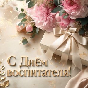 Открытка на День воспитателя с подарочной коробкой и цветами