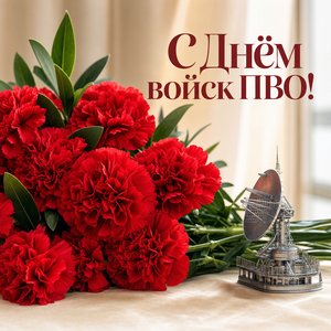 Открытка на День войск противовоздушной обороны с красными гвоздиками и радаром
