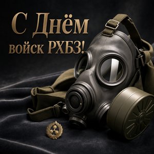 Открытка на День войск радиационной, химической и биологической защиты с противогазом на бархате