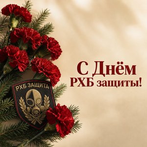 Открытка на День войск радиационной, химической и биологической защиты с гвоздиками и шевроном