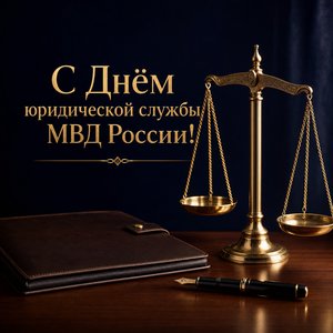 Открытка на День юридической службы МВД России с весами правосудия и документами