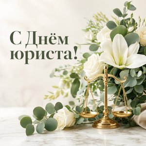 Открытка на День юриста с белыми цветами и весами