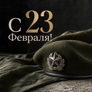 Открытка на День защитника Отечества с беретом со значком