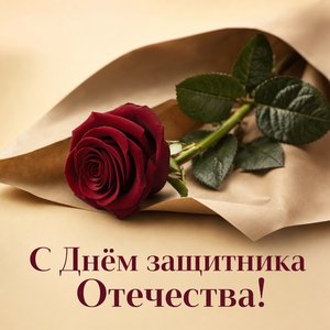 Открытка на День защитника Отечества с бордовой розой