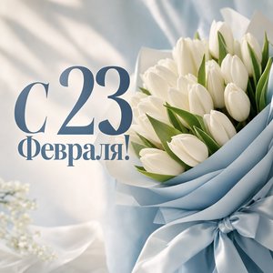 Открытка на День защитника Отечества с букетом тюльпанов