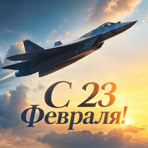 Открытка на День защитника Отечества с истребителем в небе