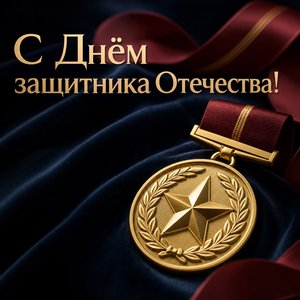 Открытка на День защитника Отечества с медалью на бархате