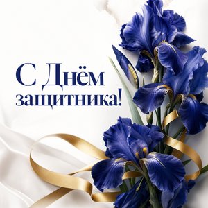 Открытка на День защитника Отечества с синими ирисами