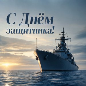 Открытка на День защитника Отечества с военным кораблём