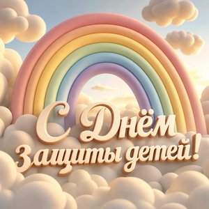 Открытка на День защиты детей с радугой и облаками