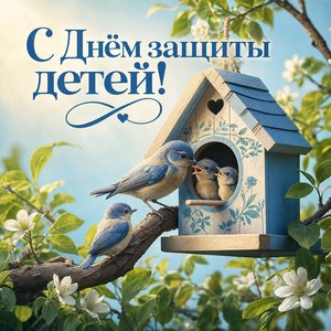 Открытка на День защиты детей со скворечником и птенцами