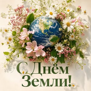 Открытка на День Земли с планетой и цветами
