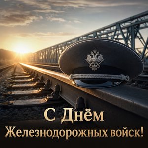 Открытка на День Железнодорожных войск с фуражкой на рельсе