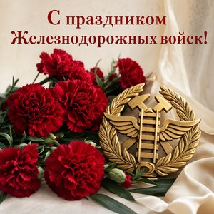 Открытка на День Железнодорожных войск с красными гвоздиками и эмблемой