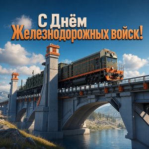 Открытка на День Железнодорожных войск с железнодорожным мостом и локомотивом