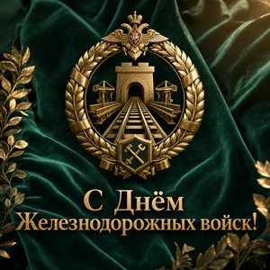Открытка на День Железнодорожных войск с золотой эмблемой