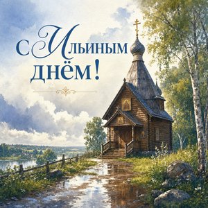 Открытка на Ильин день с деревянной часовней