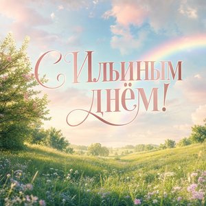 Открытка на Ильин день с радугой над полем