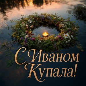 Открытка на Иван Купала с цветочным венком на воде