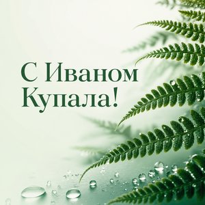 Открытка на Иван Купала с листьями папоротника в росе