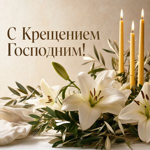 Открытка на Крещение Господне с белыми лилиями и свечами