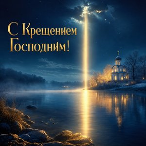 Открытка на Крещение Господне с лучом света над рекой