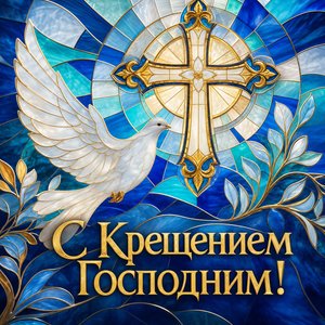 Открытка на Крещение Господне с витражом и голубем