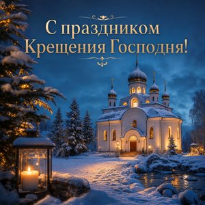 Открытка на Крещение Господне с заснеженным храмом