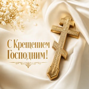 Открытка на Крещение Господне с золотым православным крестом