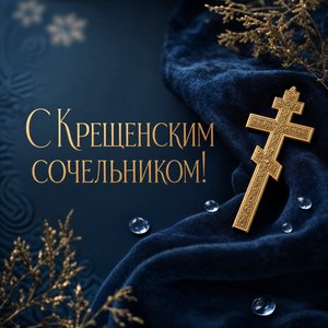 Открытка на Крещенский сочельник с золотым крестом и каплями воды