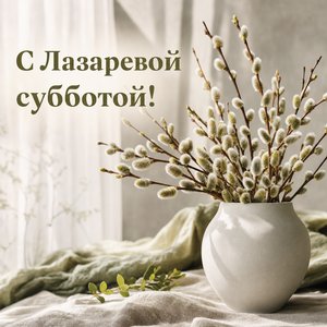 Открытка на Лазареву субботу с веточками вербы в вазе
