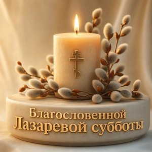 Открытка на Лазареву субботу со свечой и веточками вербы