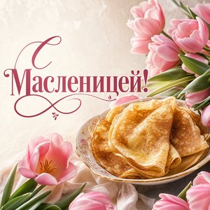 Открытка на Масленицу с блинами и тюльпанами