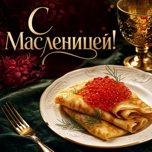 Открытка на Масленицу с блином и красной икрой