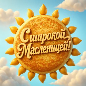 Открытка на Масленицу с блином в виде солнца