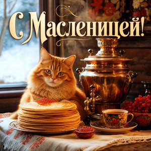 Открытка на Масленицу с котом и самоваром