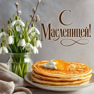 Открытка на Масленицу с подснежниками и блинами