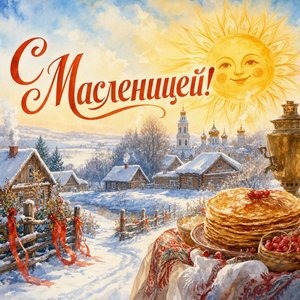 Открытка на Масленицу с солнцем над снежной деревней